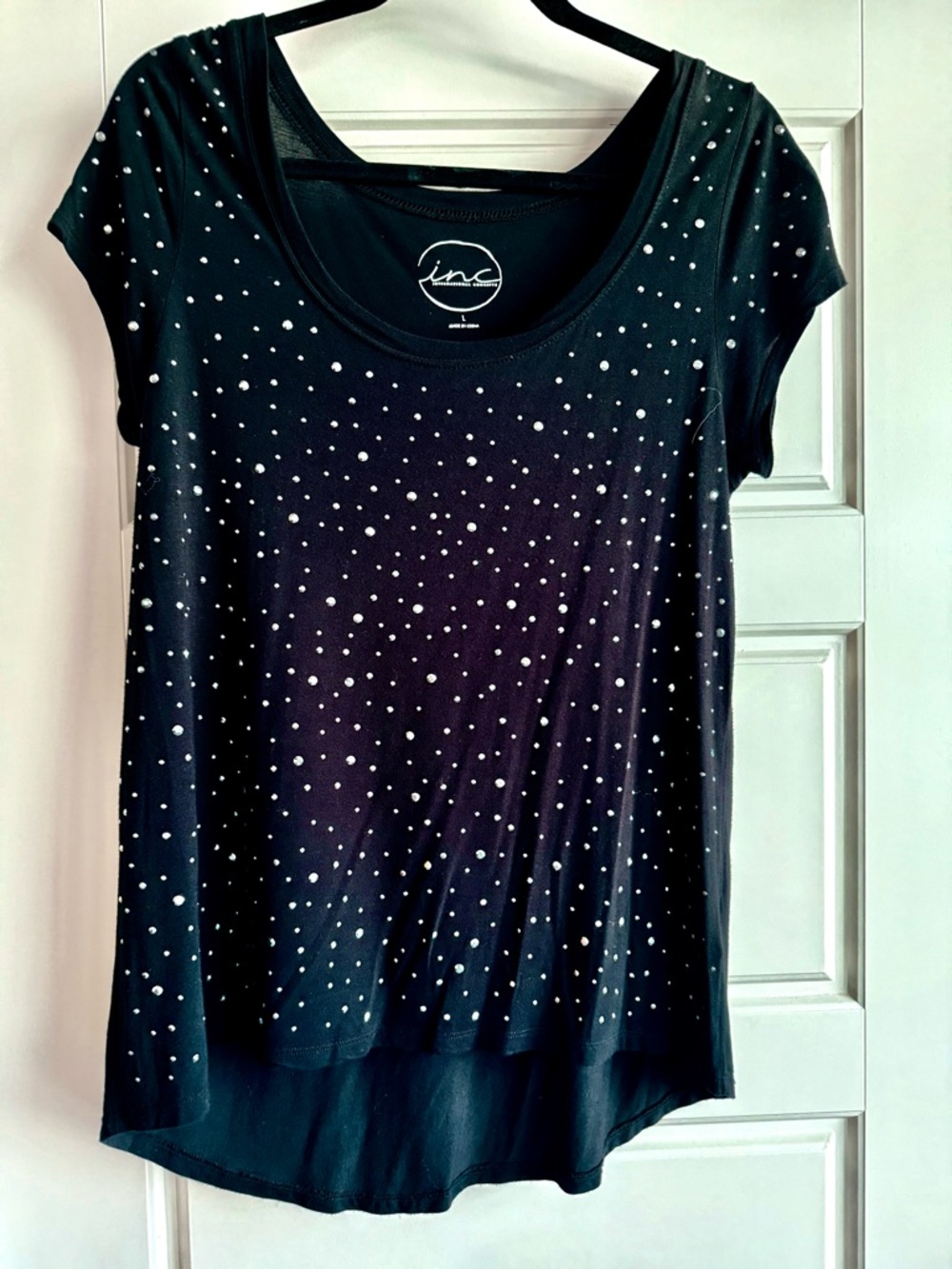 INC International Concepts Black Short-Sleeve Scoop Neck Top with Silver Studs